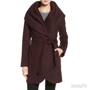T Tahari Wool Blend Belted Wrap Coat Merlot Small